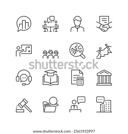 Consulting and Business, linear style icon set. Professional service for strategy, analysis, and decision-making. Meeting, presentation, contract, and team collaboration. Editable stroke width.