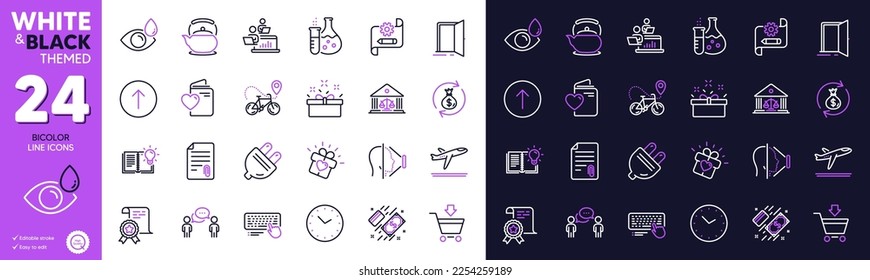 Consultoría de negocios, Regalo de amor y Iconos de línea de avión de salida para sitio web, impresión. Colección de gotas oculares, Conocimiento del producto, Iconos adjuntos. Mercado en línea, Present box. Vector