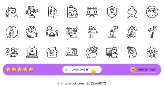 Consultoría de negocios, Opinión y Personas de línea de chat iconos para Web App. Paquete de Asistencia, pensamientos, iconos de pictogramas de reemplazo. Acceso de huellas dactilares, Agente, Señales de investigación de huellas dactilares. Vector