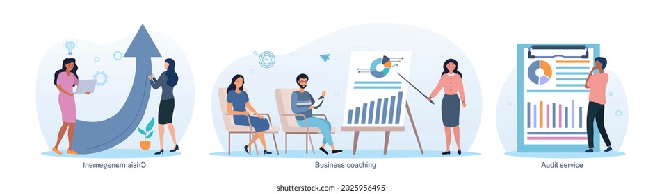 Consulting company abstract concept. Business coaching, crisis management, audit service, Employees analyze data for business development. Cartoon flat vector set isolated on white background