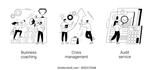 Consulting company abstract concept vector illustration set. Business coaching, crisis management, audit service, goal achievement, mentoring, risk management, accounting firm abstract metaphor.