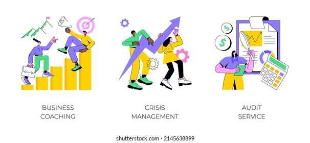 Consulting company abstract concept vector illustration set. Business coaching, crisis management, audit service, goal achievement, mentoring, risk management, accounting firm abstract metaphor.