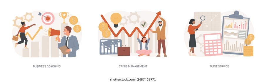 Consulting company isolated concept vector illustration set. Business coaching, crisis management, audit service, goal achievement, mentoring, risk management, accounting firm vector concept.