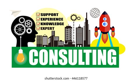 Consulting concept background with head silhouette , gears, rockets, city background