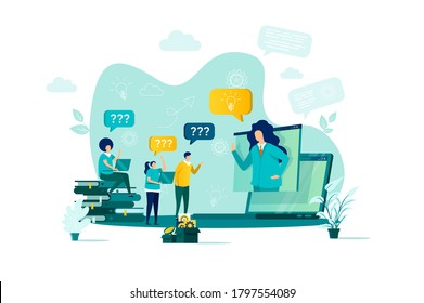 Consulting concept in flat style. Consultant answers questions scene. Online business assistance, consultation and mentoring web banner. Vector illustration with people characters in work situation.