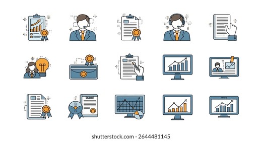 Conceito de consultoria com gráficos, relatórios, material de escritório e conselheiros ilustrados em um estilo moderno de esboço vetorial adequado para sites, aplicativos, publicidade, marketing. Ícones de ilustração comercial para s