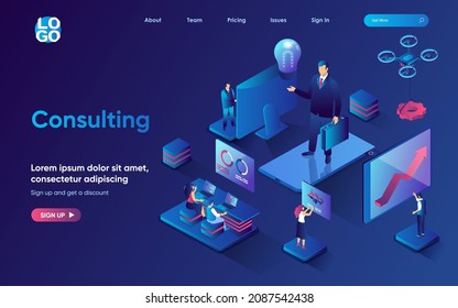 Consulting concept isometric landing page. Business management and administration, accounting report, expert consultation, 3d web banner template. Vector illustration with people scene in flat design
