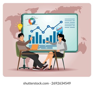 Consulting concept. Two colleagues discuss insights during a business consulting, using a laptop and a large screen displaying charts, graphs, and a rising trend. 