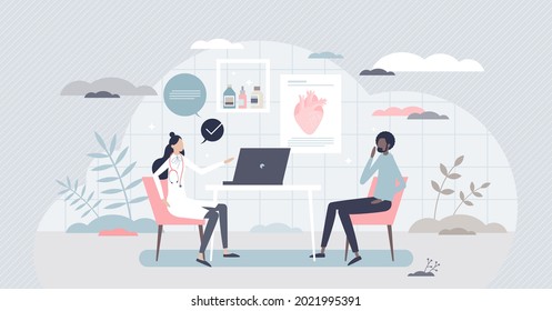 Consulting doctor and appointment at medical clinic room tiny person concept. Patient visit cardiology for health assistance, support or recommendation vector illustration. Diagnosis and examination.