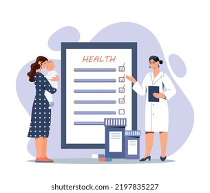 Consulting doctor concept. Young girl with child came to visit specialist. Pediatrician prescribes pills to baby, medicines. Health care and regular check ups. Cartoon flat vector illustration