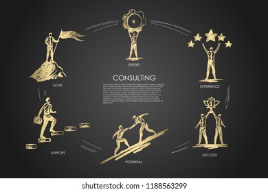 Consulting, expert, experience, success, potential, goal concept vector set