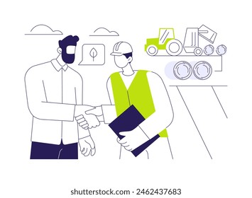 Consulting farmers abstract concept vector illustration. Ecologist talking to farmer, exploring quality of natural resources, conservation scientist, environmental science abstract metaphor.