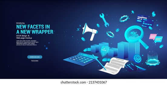 Consulting in the financial management of the company, business analyst, growth strategy and financial goal. 3D blue illustration with Data and charts, documents and business management tools. Vector