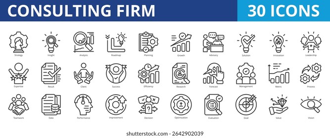 Consulting firm icon pack collection set for business strategy and management coaching. With strategy, insight, analysis, roadmap, planning, growth, advisory, solution, innovation, leadership