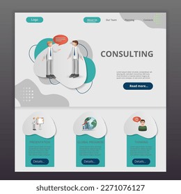 Consulting flat landing page website template. Presentation, global progress, thinking. Web banner with header, content and footer. Vector illustration.