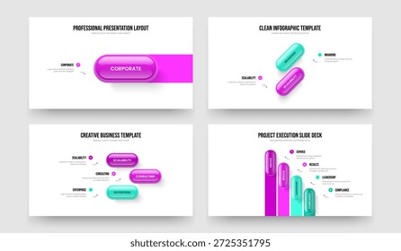 Consulting Forecast 1 2 3 4 Element Diagram Presentation Template Bundle. Digital Innovation One Two Three Four Step Infographic Slide Layout Vector Illustration Collection.