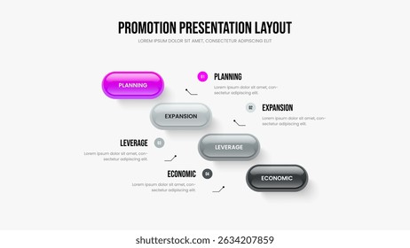 Consulting Forecast 4 Element Diagram Presentation Template. Company Plan Four Step Infographic Frame Layout. Investor Proposal Slideshow Design Vector Illustration.