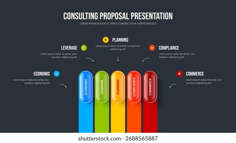 Diseño de presentación de infografía de 5 elementos. Ilustración vectorial de diseño de diapositivas de análisis de negocio. Plantilla de presentación de diapositivas de diagrama de cinco pasos.