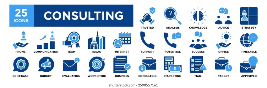 Consulting icon collection set. Containing design Trusted, Analysis, Knowledge, Advice, Strategy	