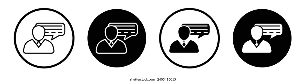 Consulting icon set. business education advisor vector symbol. meeting conversation sign. customer feedback line icon in black filled and outlined style.