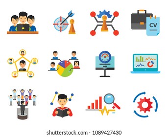 Consulting Icon Set. Changes Adaption Control Monitoring Strategic Management Strategy Focus Workflow Team Cohesion Team Creation Team Development Leader Training Electorate Bar Chart And Magnifier