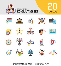 Consulting Icon Set. Changes Adaption Control Monitoring Strategic Management Strategy Focus Workflow Team Cohesion Team Creation Team Development Leader Training Electorate Bar Chart And Magnifier