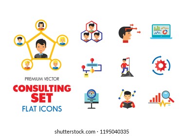 Consulting Icon Set. Changes Adaption Control Monitoring Strategic Management Strategy Focus Workflow Team Cohesion Team Creation Team Development Leader Training Electorate Bar Chart And Magnifier