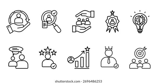 Consulting icon set collection in outline style. Icon pack contains consulting, client, research, support, expert, knowledge, advice, experience, potensial, succes, goals