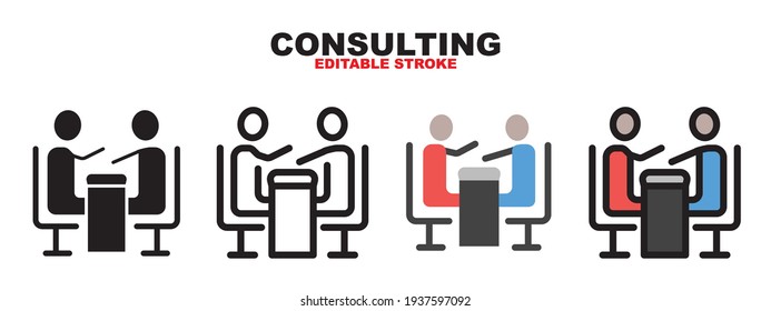 Consulting icon set with different styles. Colored vector icons designed in filled, outline, flat, glyph and line colored. Editable stroke and pixel perfect. Can be used for web, mobile, ui and more.