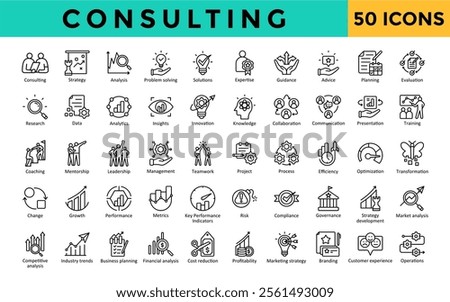 Consulting icons set with consulting, strategy, analysis, problem solving, solutions, expertise, guidance, advice, planning, evaluation icon. Simple line vector 
