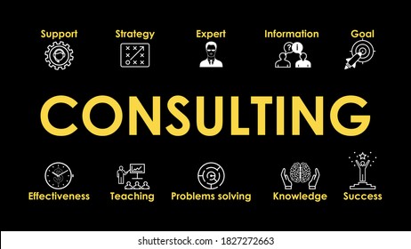 Consulting Illustration with web Icons set for websites and social media business design: Support, Strategy, Expert, Knowledge, Success, Effectiveness. Vector icons set on black background.