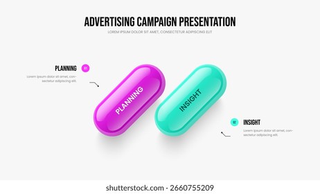 Consulting Launch 2 Option Diagram Slide Layout. Professional Campaign Frame Template Vector Illustration. Marketing Insight Two Step Infographic Presentation Design.