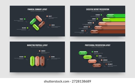 Consultoría Lanzamiento 4 5 3 Paquete de Plantilla de marco de infografía de elementos. Informe de negocios Cuatro Colección de Ilustración vectorial de diseño de presentación de diapositivas de cinco y tres pasos.