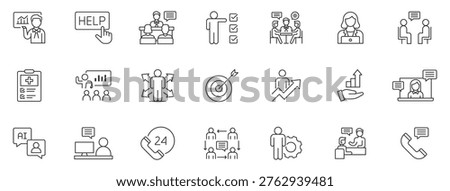 Consulting line icon set, business strategy, advisor meeting, teamwork, client support, corporate management outline vector icons