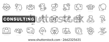 Consulting linear icon set shows business advice, brainstorming, customer service, virtual meeting, question support, strategy guidance, editable stroke vector outline