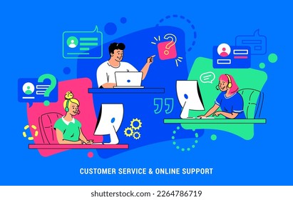 Consulting and live assistant of professional agents team. Flat vector illustration of group of people sitting at work desk and providing professional consultation, online assistance and live support