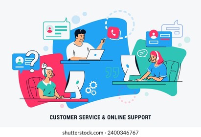 Consultoría y asistente en vivo del equipo de agentes profesionales. Ilustración vectorial plana de un grupo de personas sentadas en el escritorio de trabajo y que proporcionan asesoramiento profesional, asistencia en línea y apoyo en directo