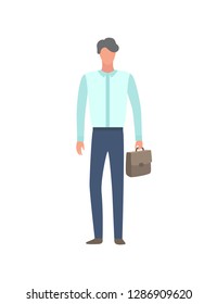 Consulting manager in flat design cartoon style vector person with portfolio briefcase. Financial analytic with male bag isolated on white, banking worker