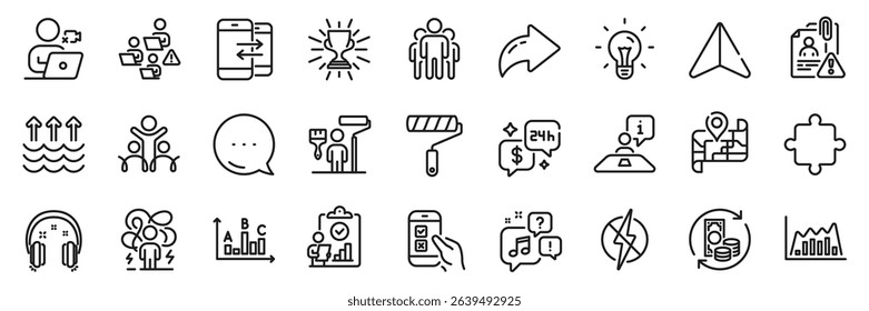 Consulting, Mobile survey and Survey results line icons pack. Share, Message, Paper plane icons. Trophy, Phone communication, Teamwork web icon. Group, Idea, Paint roller pictogram. Vector
