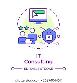IT consulting multi color concept icon. Customer support, cybersecurity. Infrastructure management. Round shape line illustration. Abstract idea. Graphic design. Easy to use in infographic