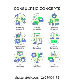 Consulting multi color concept icons. Business strategy, planning. Marketing, workflow. Tax management. Icon pack. Vector images. Round shape illustrations for infographic. Abstract idea