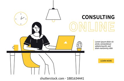 Consulting online - colorful line design style web banner on white background with copy space for text. A composition with a young woman, female manager sitting at the desk with a laptop in the office