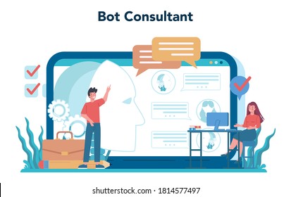 Consulting online service or platform. Research and recommendation. Idea of strategy management and troubleshooting. Bot consultant. Vector illustration