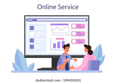 Consulting online service or platform. Research and recommendation. Strategy management and troubleshooting. Flat vector illustration
