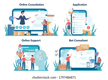 Consulting online service or platform set. Research and recommendation. Idea of strategy management and troubleshooting. Online consultation, support, application, bot consultant. Vector illustration