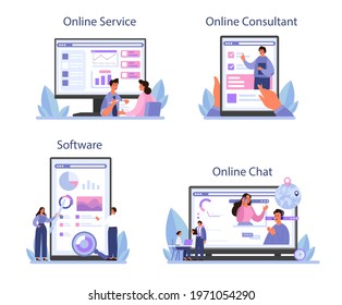 Consulting online service or platform set. Research and recommendation. Strategy management and troubleshooting. Online chat, consultation, software. Flat vector illustration