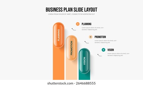 Übersicht über die Beratung 3-Schritt-Diagramm Diashow-Vorlage. Unternehmensweite Innovation Drei-Elemente-Infografik-Rahmenlayout. Professionelle Präsentation Design Vektorgrafik.