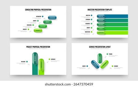 Consulting Overzicht Vier Vijf Twee Drie Stappen Diagram Sjabloon Vector Illustratie Bundel. Marketing Portfolio 4 5 2 3 Optie Infographic Presentation Design Collection.