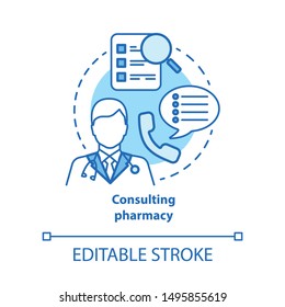 Consulting pharmacy concept icon. Doctor medical consultation idea thin line illustration. Professional pharmacist. Prescription, medicine advice. Vector isolated outline drawing. Editable stroke