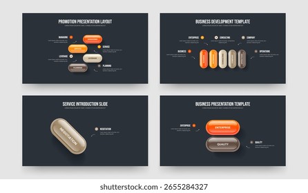 Consulting Planning 4 5 1 2 Step Diagram Slide Design Collection. Visual Showcase Four Five One Two Option Infographic Slideshow Layout Vector Illustration Set.